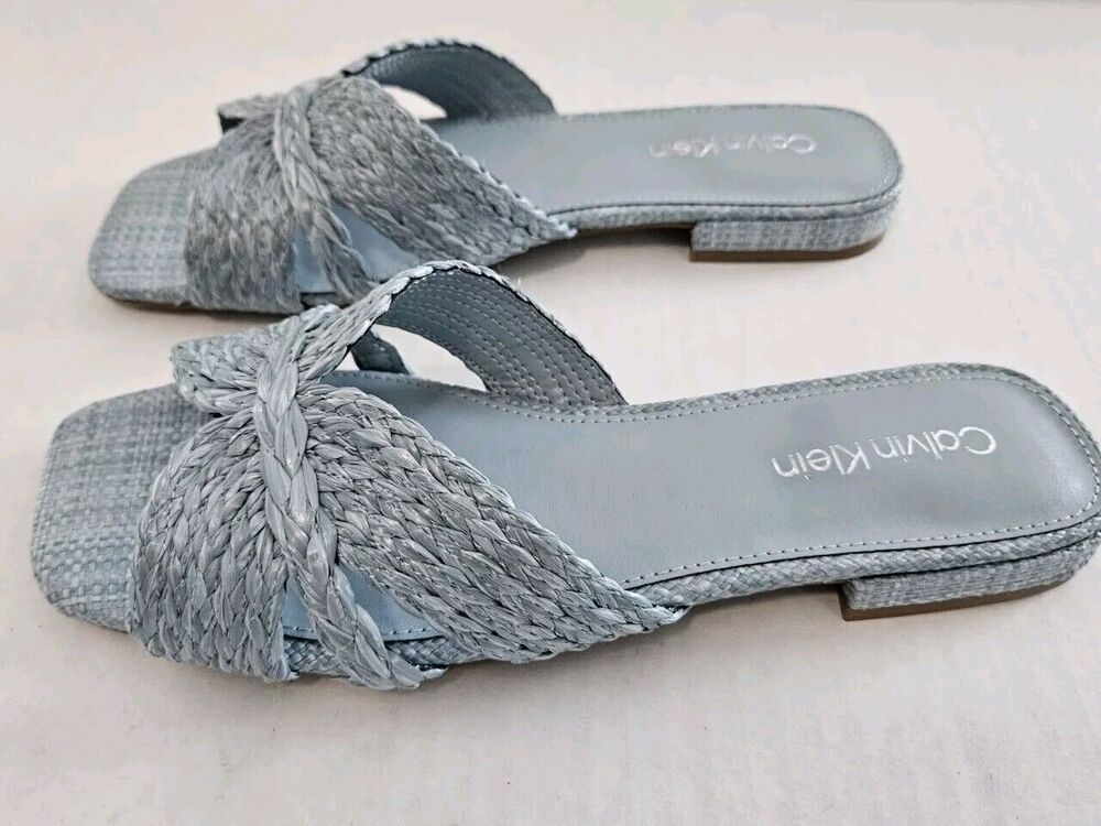 Calvin Klein KCTOUKIE Light Blue Woven Flat Slides 6.5 NWT